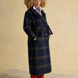SUM343 Navy Blue Longline Wool Blend Coat with Belt