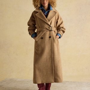 SUM333 Brown Longline Wool Blend Coat with Belt