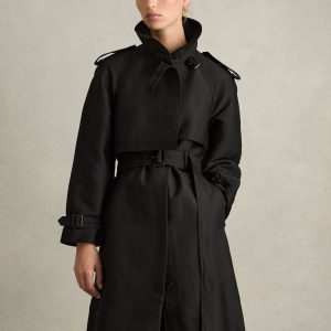 SUM337 Black Petite Gabardine Trench Coat with Cotton
