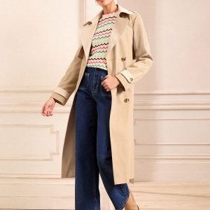SUM334 Cream and Stone Colour Block Mix Shower Resistant Belted Double Breasted Trench Coat