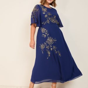 SUM365 Navy Chiffon Angel Sleeve Embellished Midi Dress