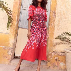 SUM356 Red Animal Crew Neck Ruffle Sleeve Midi Dress