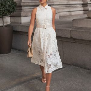 SUM358 Cream Premium Lace Belted Sleeveless Shirt Dress