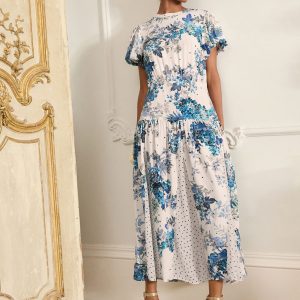 SUM351 Blue/ White Floral and Blue Spot Short Sleeve Crew Neck Spliced Midi Dress