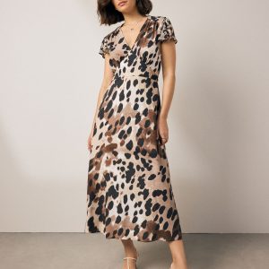 SUM355 Brown Cow Animal Print Flutter Sleeve V-Neck Tie Waist Maxi Dress