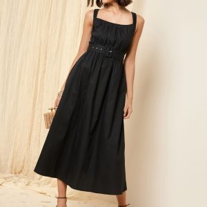 SUM348 Black Ruched Strappy 100% Cotton Belted Midi Dress