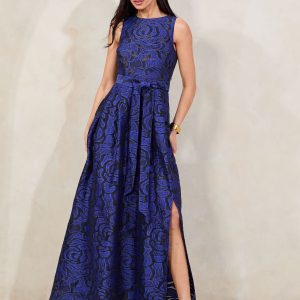 SUM354 Cobalt Blue Premium Textured Belted Prom Maxi Dress