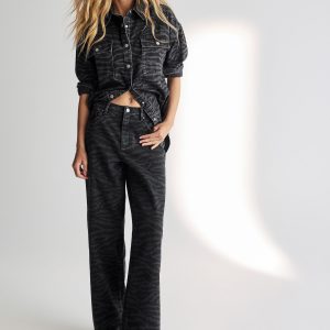 SUM385 Washed Black Zebra Print Wide Leg 100% Cotton Jeans
