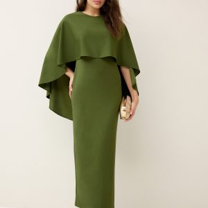 SUM366 Olive Green Cape Maxi Dress