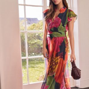 SUM346 Navy Floral Pleated Mesh Print V-Neck Occasion Midi Dress