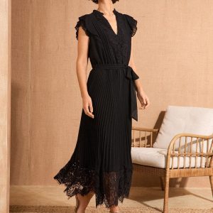 SUM352 Black Lace Detail Pleated V-Neck Belted Midi Dress