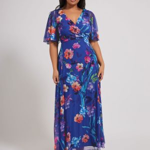 SUM360 Yours Curve Blue London Floral Wrap Mesh Maxi Dress