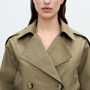 SUM344 Dark Brown Double Breasted Crop Trench Coat