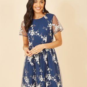 SUM361 Yumi Blue Embroidered Floral Skater Dress